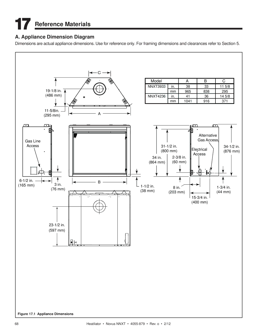 Heatiator NNXT3933IL, NNXT4236IL NNXT3933I owner manual Reference Materials, Appliance Dimension Diagram 