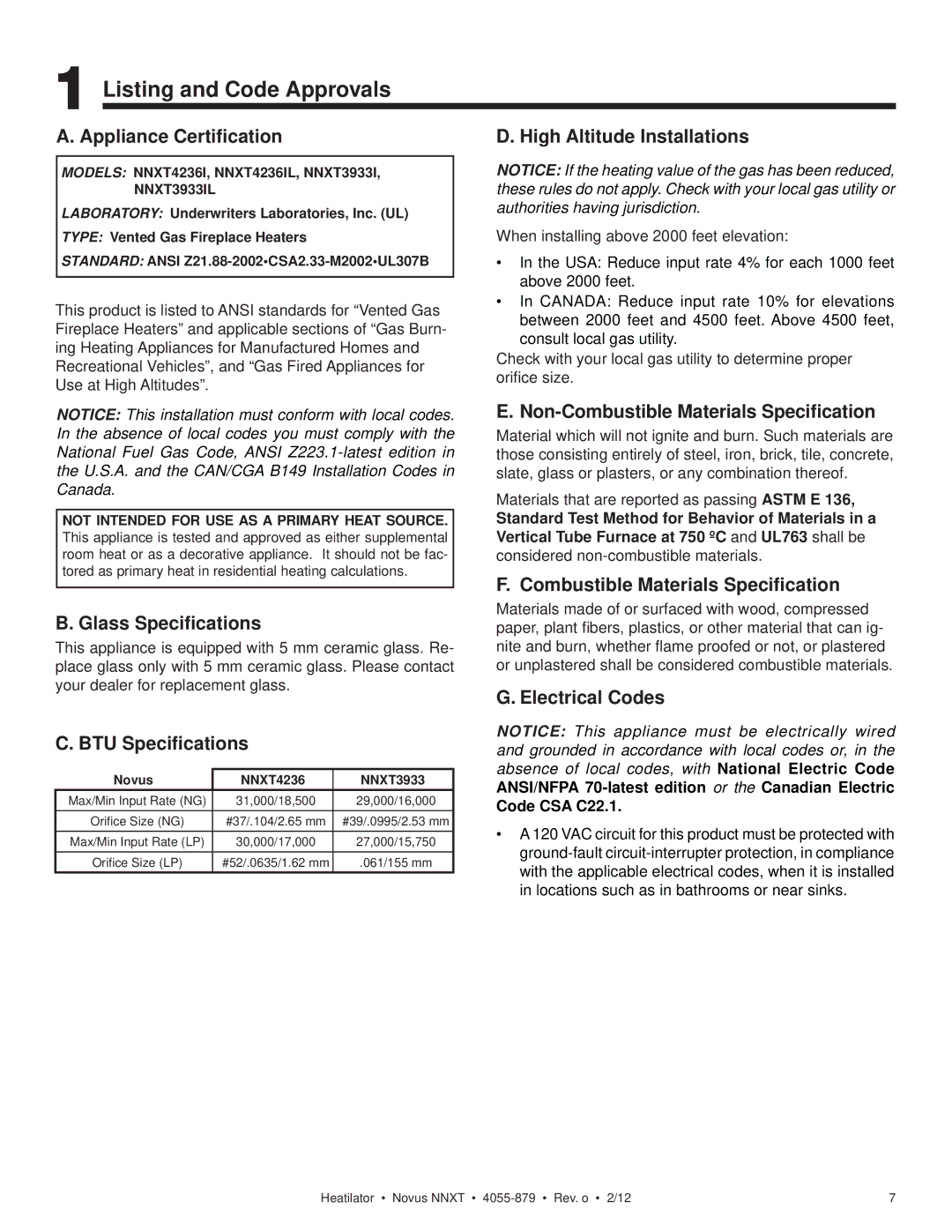 Heatiator NNXT4236IL NNXT3933I, NNXT3933IL owner manual Listing and Code Approvals 