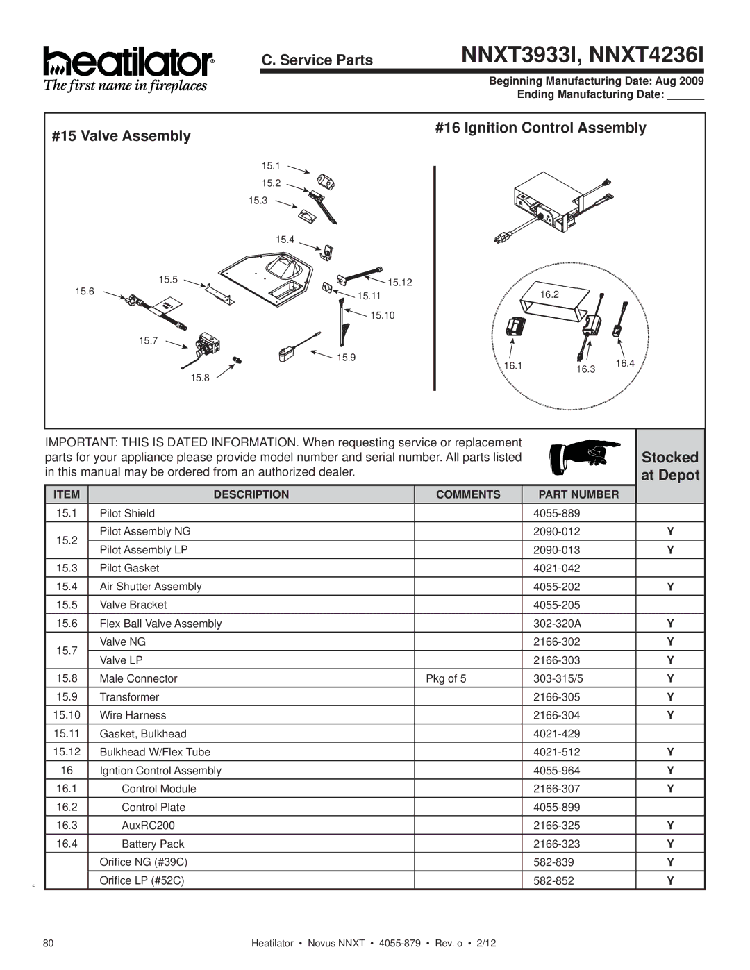 Heatiator NNXT3933IL, NNXT4236IL NNXT3933I owner manual #16 Ignition Control Assembly, #15 Valve Assembly 