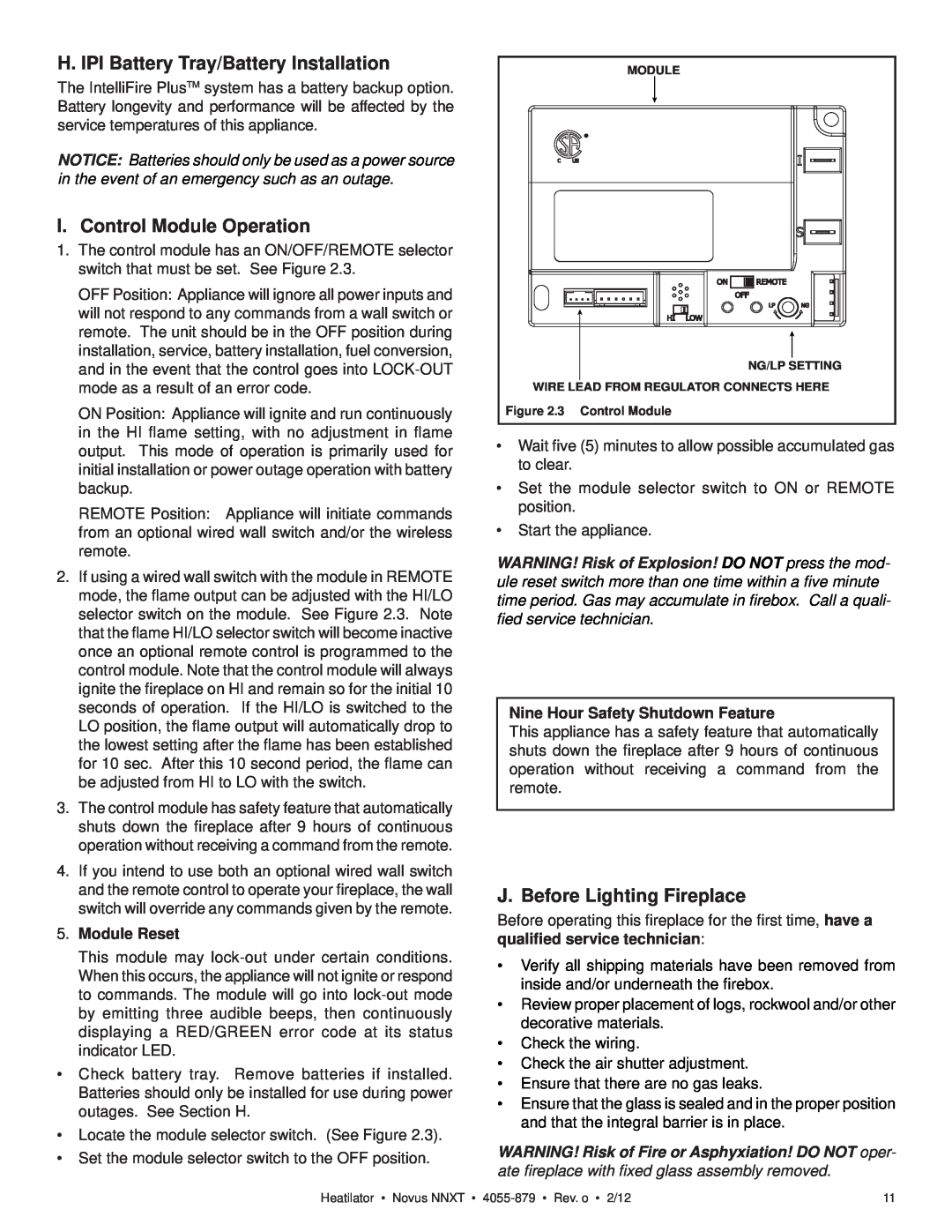 Heatiator NNXT4236I H. IPI Battery Tray/Battery Installation, I. Control Module Operation, J. Before Lighting Fireplace 
