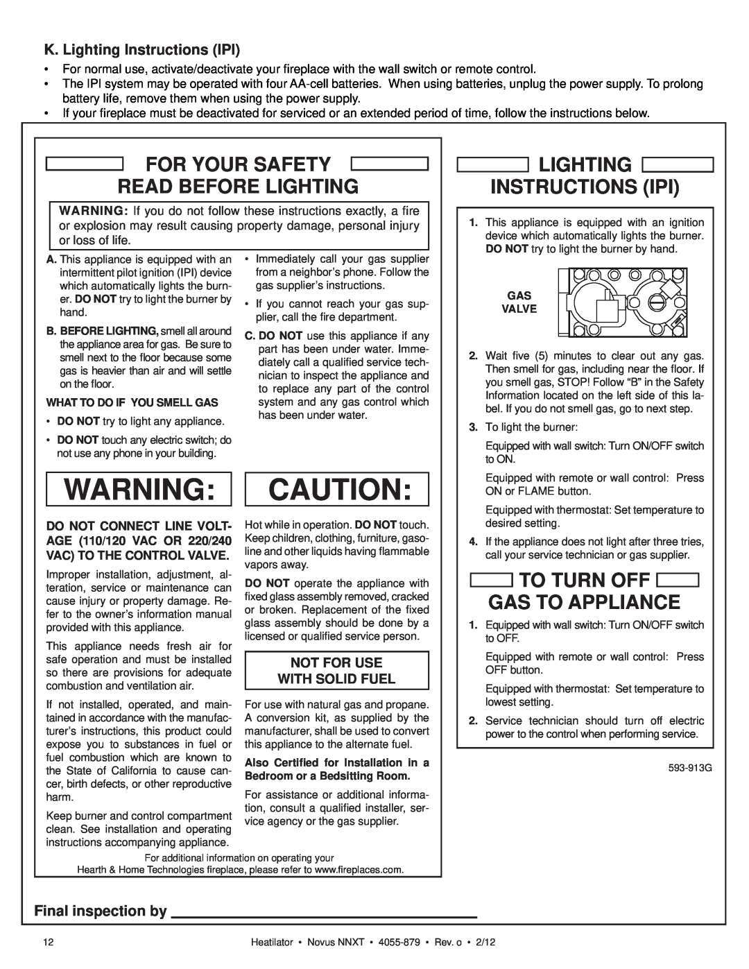Heatiator NNXT3933IL, NNXT4236I K. Lighting Instructions IPI, Final inspection by, For Your Safety Read Before Lighting 