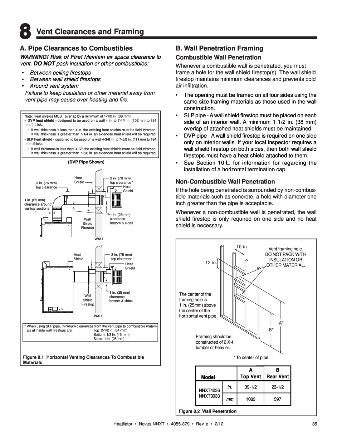 Heatiator NNXT4236I Vent Clearances and Framing, A. Pipe Clearances to Combustibles, B. Wall Penetration Framing 