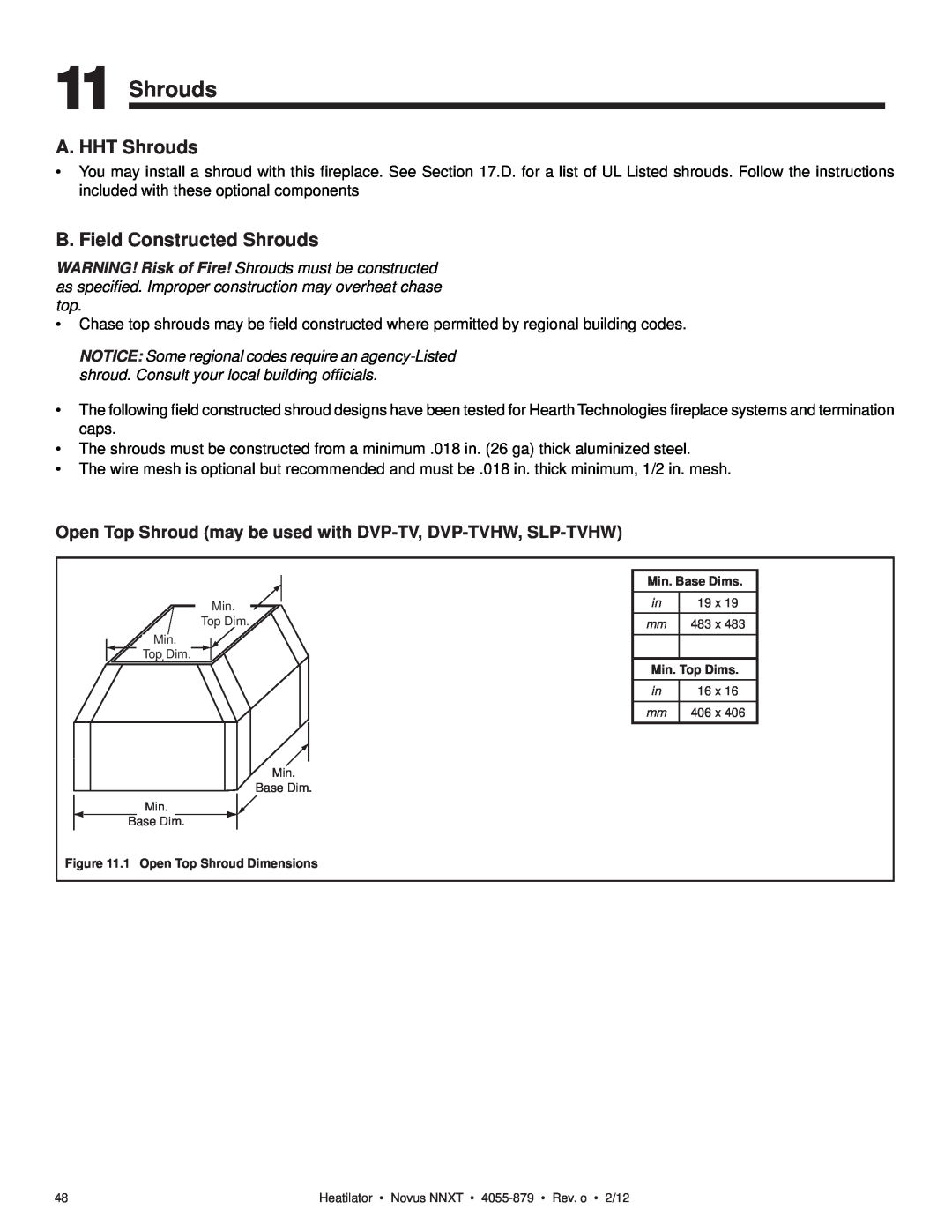 Heatiator NNXT3933IL, NNXT4236IL NNXT3933I owner manual A. HHT Shrouds, B. Field Constructed Shrouds 