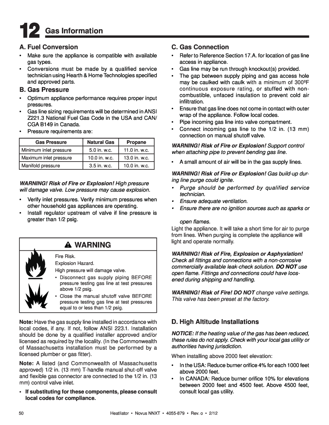 Heatiator NNXT4236I Gas Information, A. Fuel Conversion, B. Gas Pressure, C. Gas Connection, Ensure adequate ventilation 