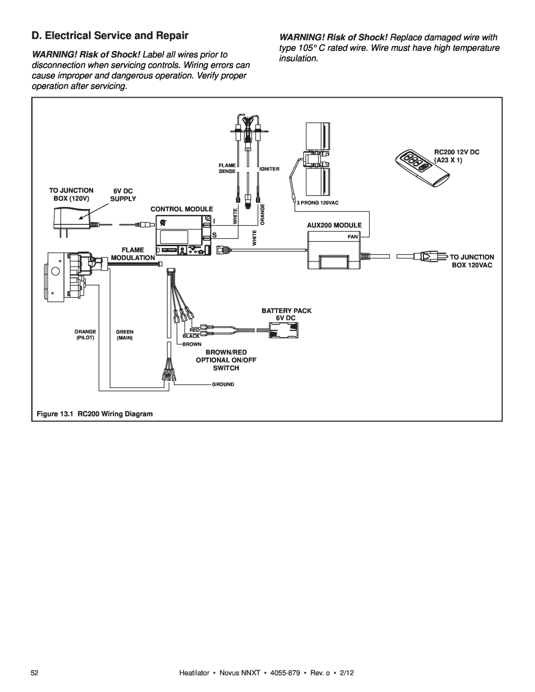 Heatiator NNXT4236IL NNXT3933I, NNXT3933IL owner manual D. Electrical Service and Repair, 1 RC200 Wiring Diagram 