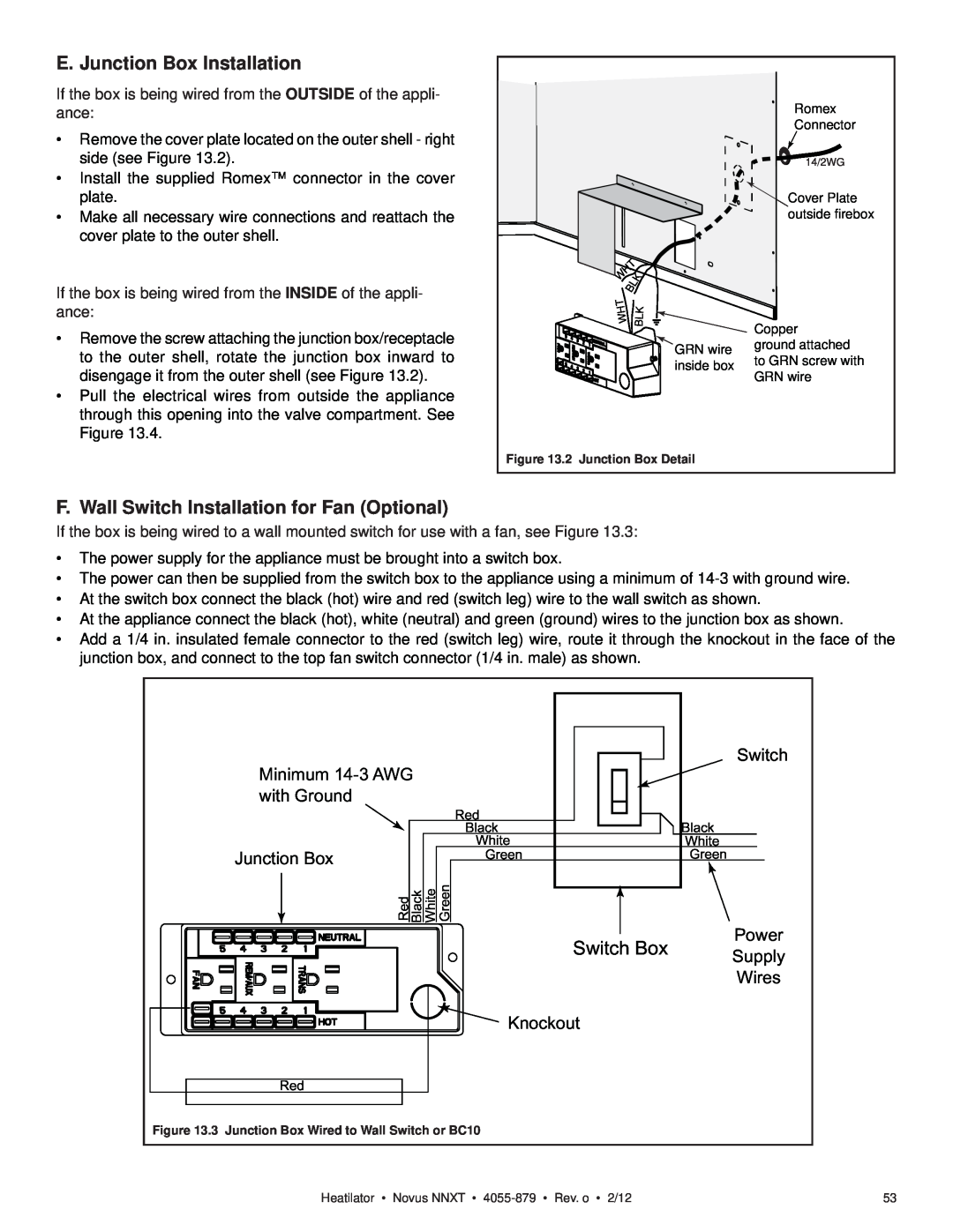 Heatiator NNXT4236I E. Junction Box Installation, F. Wall Switch Installation for Fan Optional, Minimum 14-3 AWG, Power 