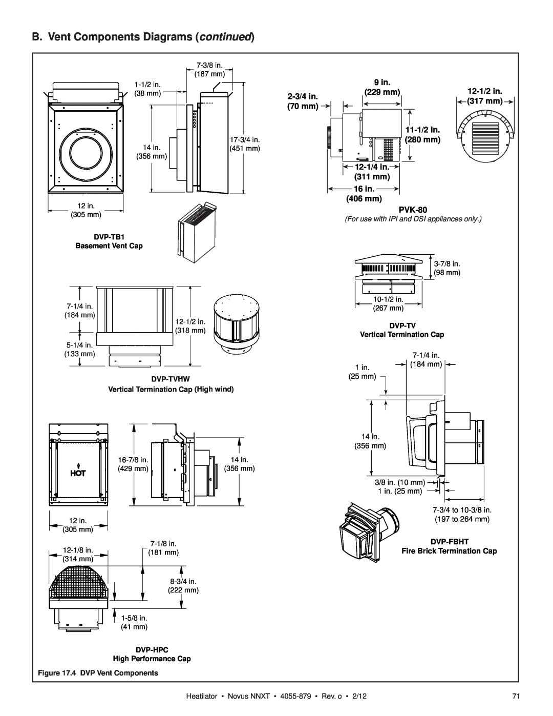 Heatiator NNXT4236I B. Vent Components Diagrams continued, 9 in, 2-3/4 in, 229 mm, 70 mm, 11-1/2 in, 12-1/4 in, 311 mm 
