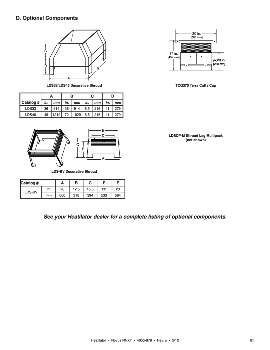 Heatiator NNXT3933IL, NNXT4236IL NNXT3933I D. Optional Components, LDS33/LDS46 Decorative Shroud, LDS-BV Decorative Shroud 