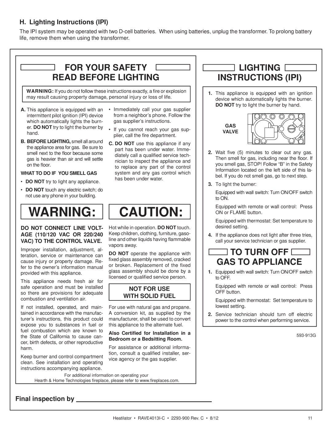 Heatiator Rave4013i-c owner manual Lighting Instructions IPI, Final inspection by, What to do if YOU Smell GAS, GAS Valve 