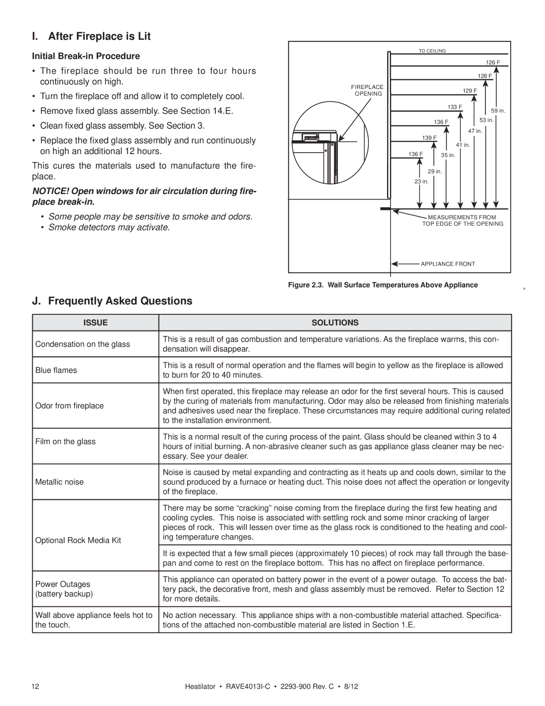 Heatiator Rave4013i-c After Fireplace is Lit, Frequently Asked Questions, Initial Break-in Procedure, Issue Solutions 