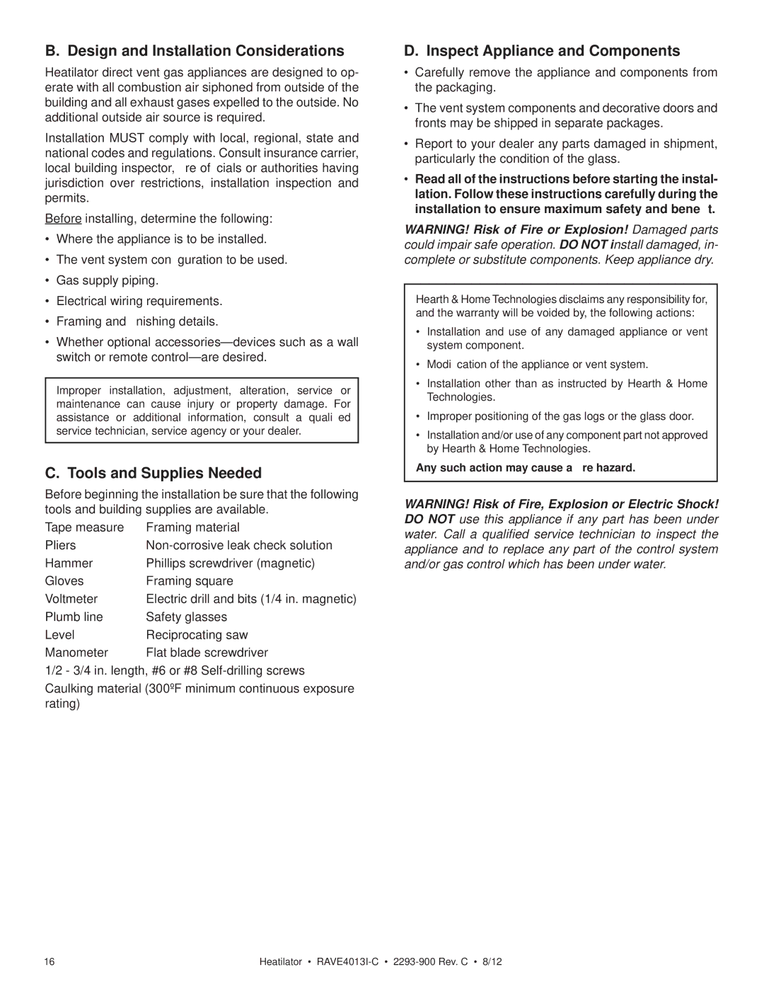 Heatiator Rave4013i-c Design and Installation Considerations, Tools and Supplies Needed, Inspect Appliance and Components 