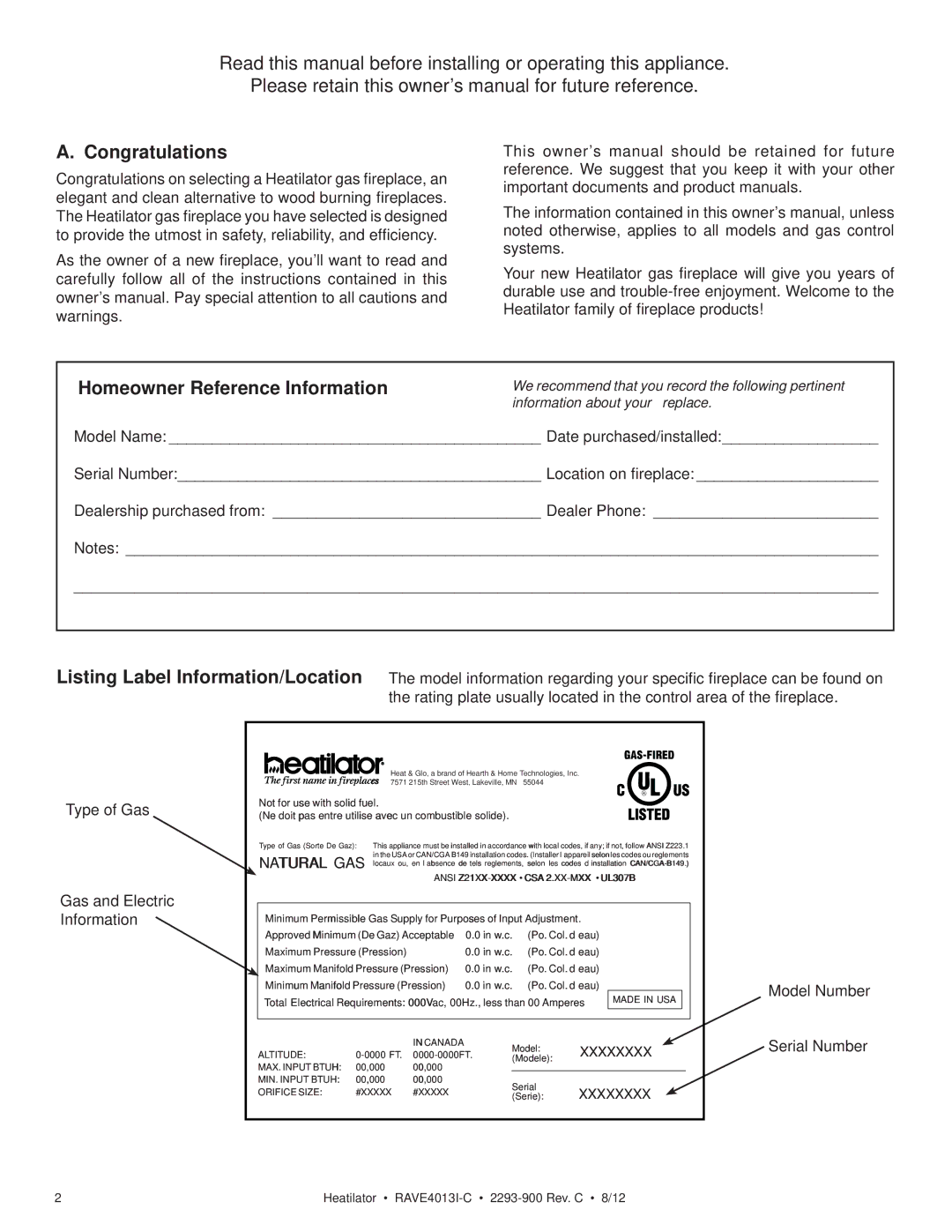 Heatiator Rave4013i-c owner manual Congratulations, Homeowner Reference Information 