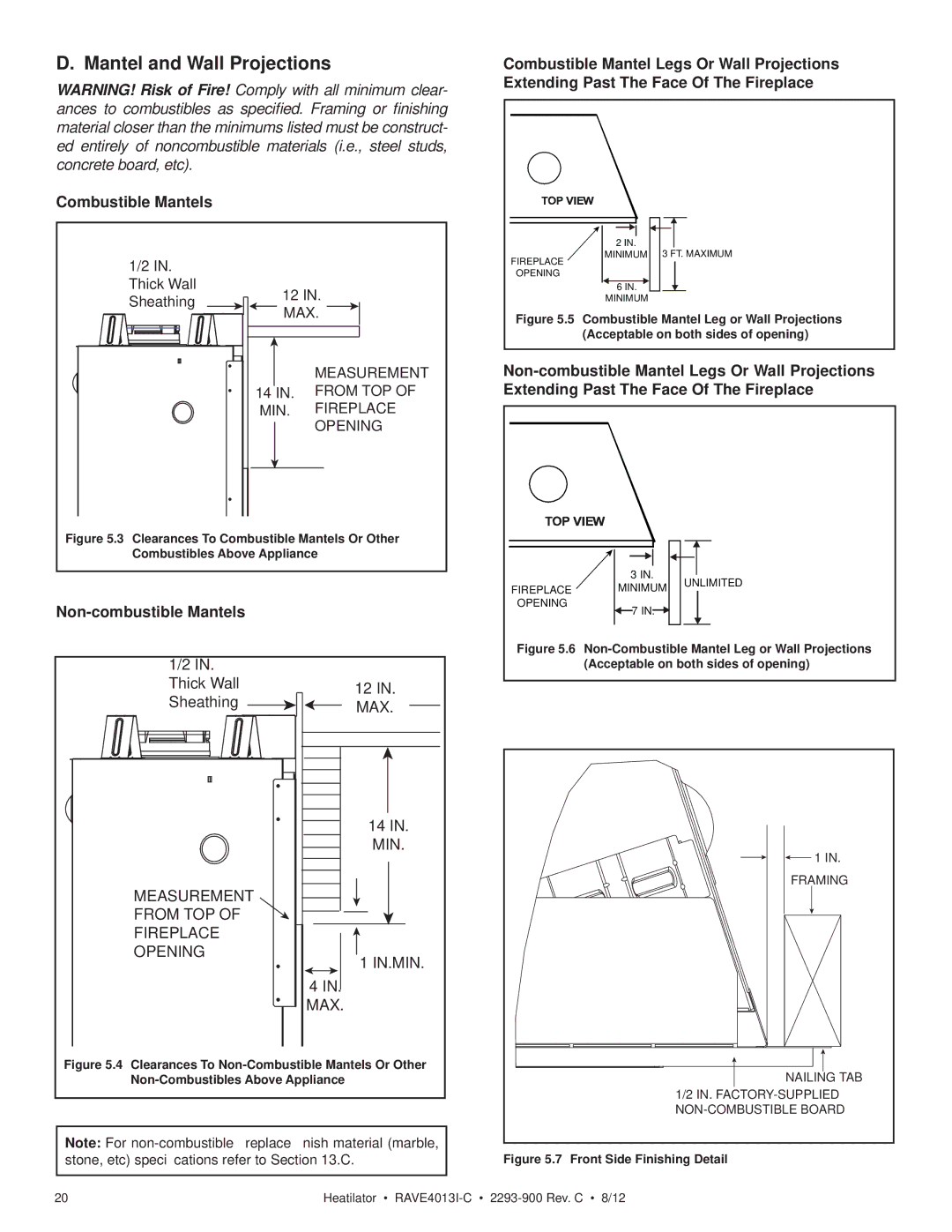 Heatiator Rave4013i-c owner manual Mantel and Wall Projections, Combustible Mantels, Sheathing 12 