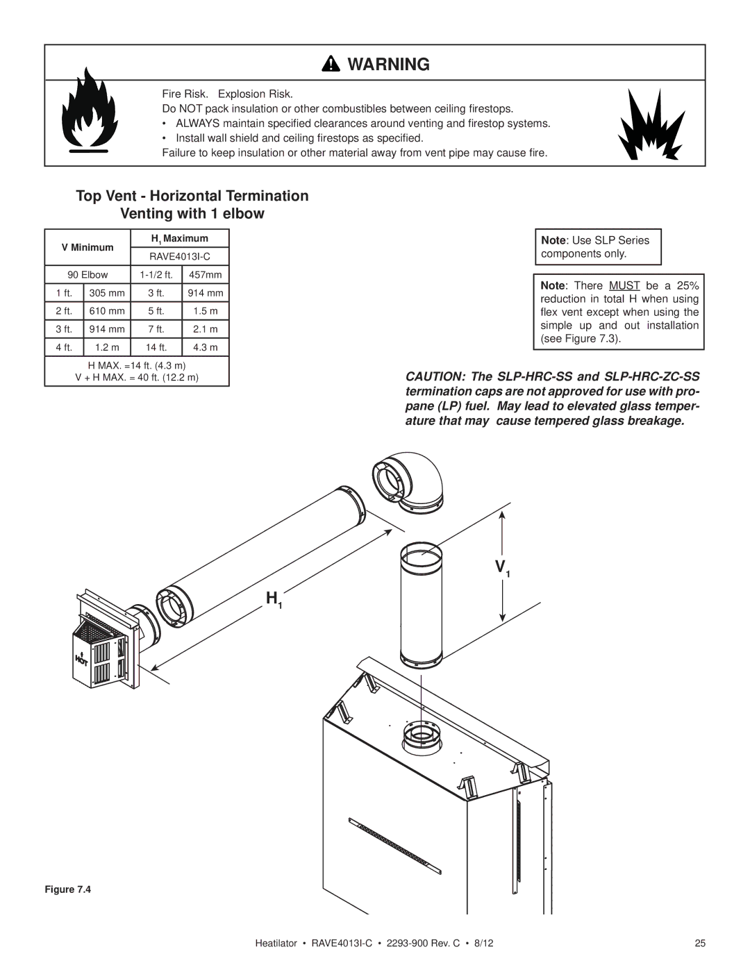 Heatiator Rave4013i-c owner manual Top Vent Horizontal Termination Venting with 1 elbow, Minimum H1 Maximum 