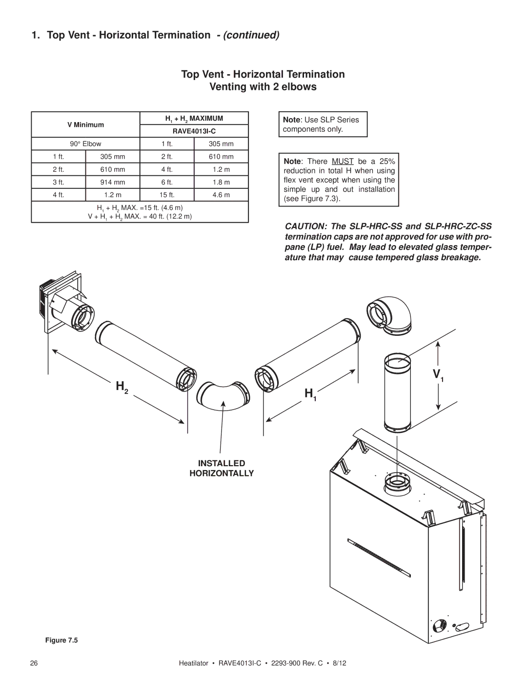 Heatiator Rave4013i-c owner manual Top Vent Horizontal Termination Venting with 2 elbows, H1 + H2 Maximum 