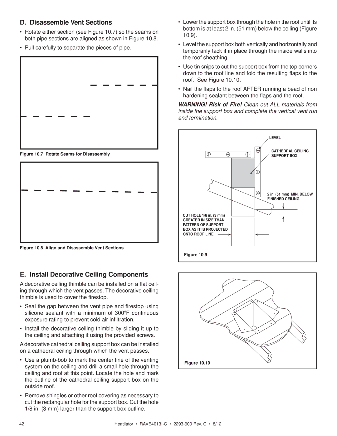 Heatiator Rave4013i-c owner manual Disassemble Vent Sections, Install Decorative Ceiling Components 