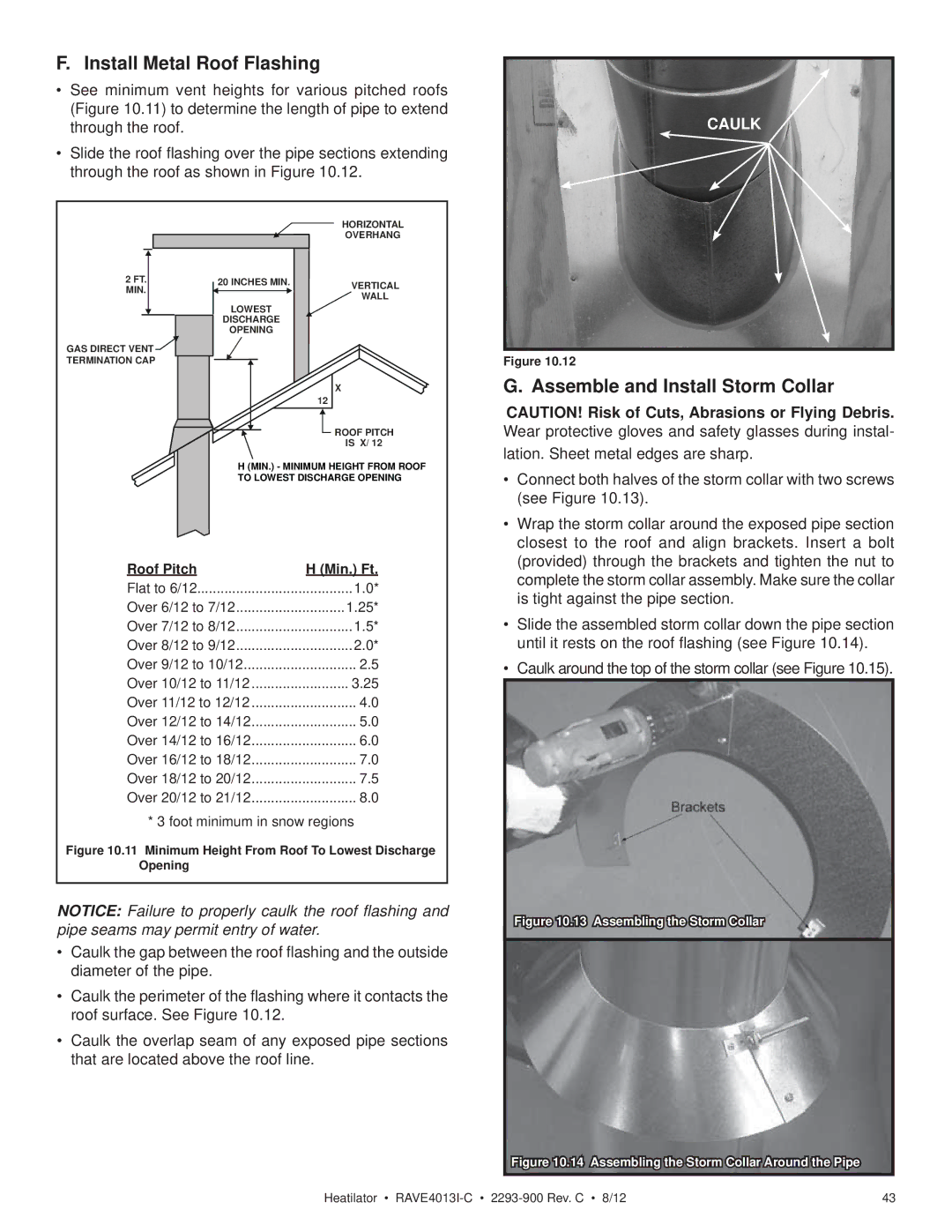 Heatiator Rave4013i-c owner manual Install Metal Roof Flashing, Assemble and Install Storm Collar 