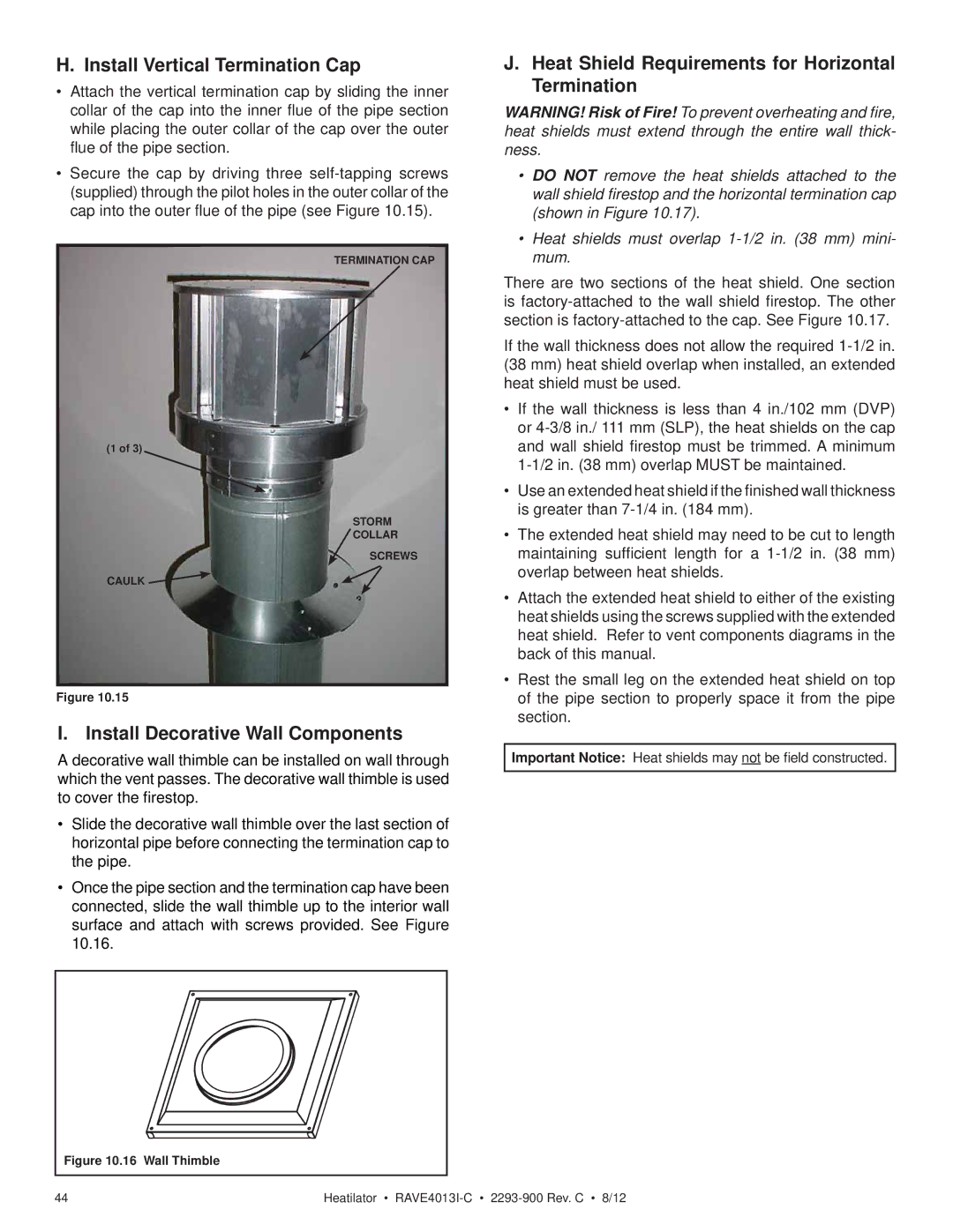 Heatiator Rave4013i-c owner manual Install Vertical Termination Cap, Install Decorative Wall Components 