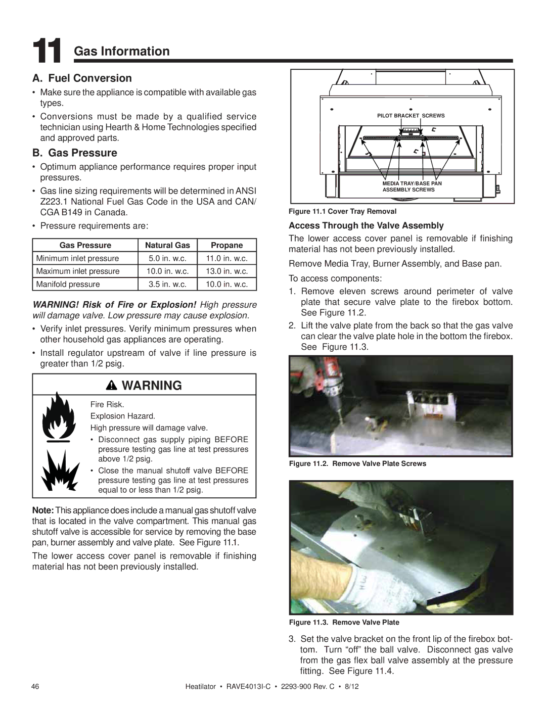 Heatiator Rave4013i-c owner manual Gas Information, Fuel Conversion, Gas Pressure, Access Through the Valve Assembly 