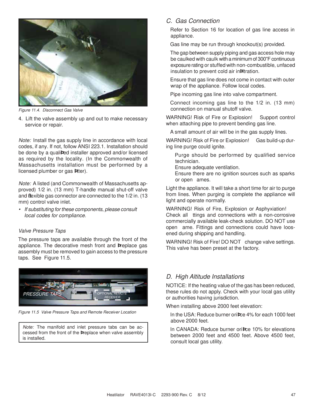 Heatiator Rave4013i-c owner manual Gas Connection, Disconnect Gas Valve 