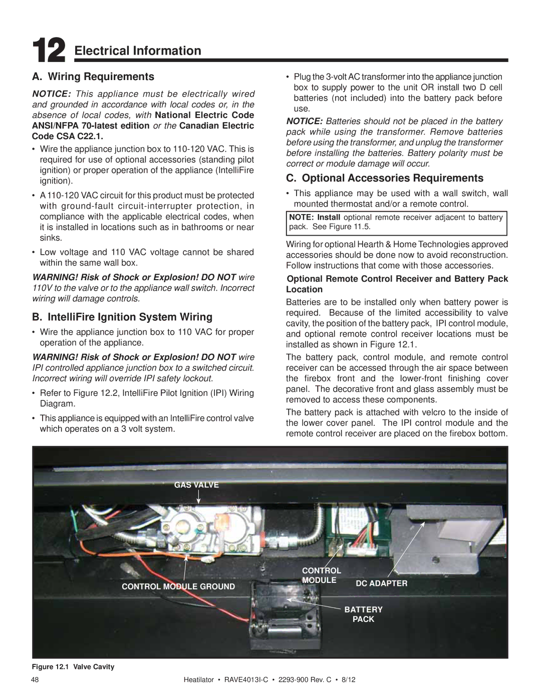 Heatiator Rave4013i-c owner manual Electrical Information, Wiring Requirements, IntelliFire Ignition System Wiring 