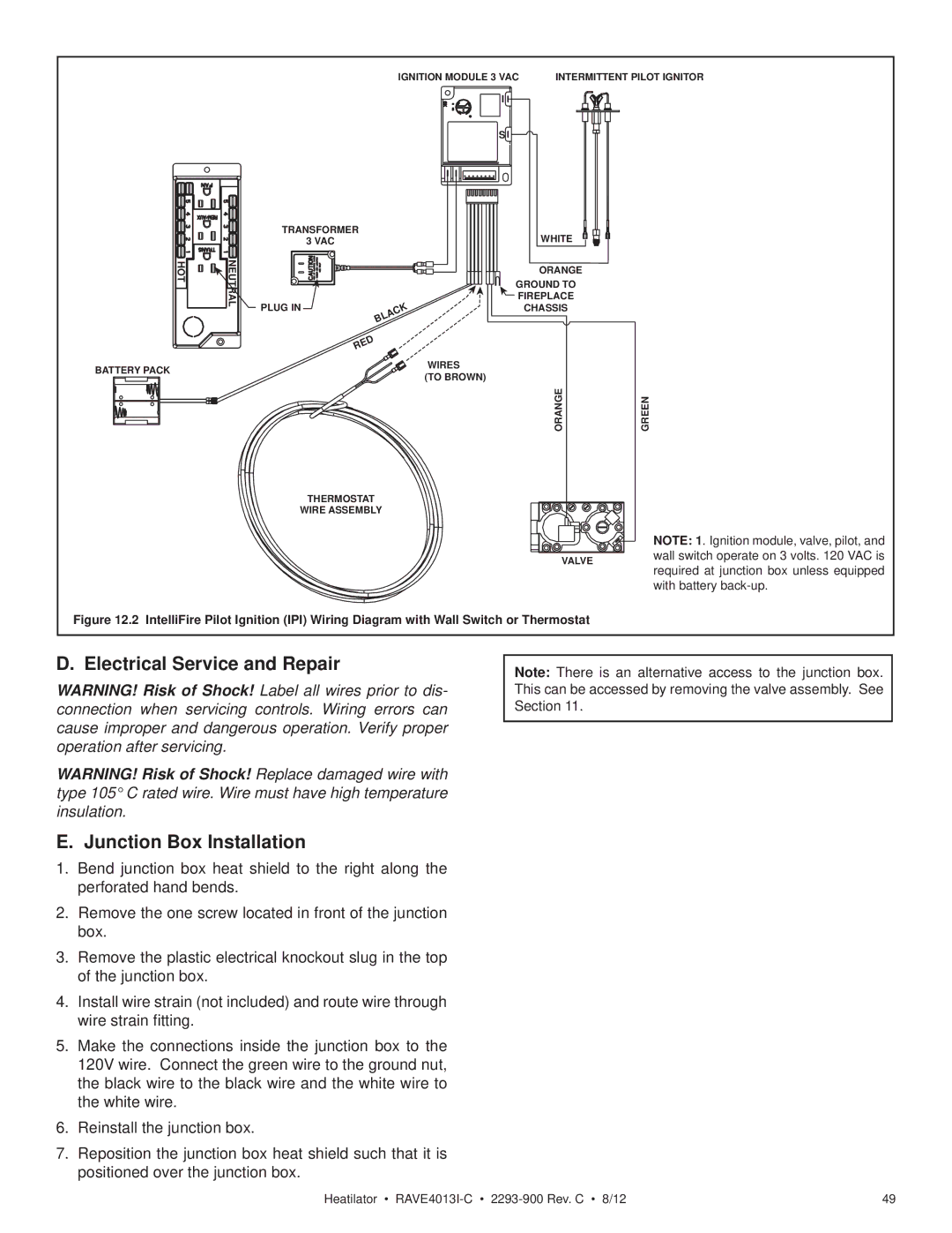 Heatiator Rave4013i-c owner manual Electrical Service and Repair Junction Box Installation 