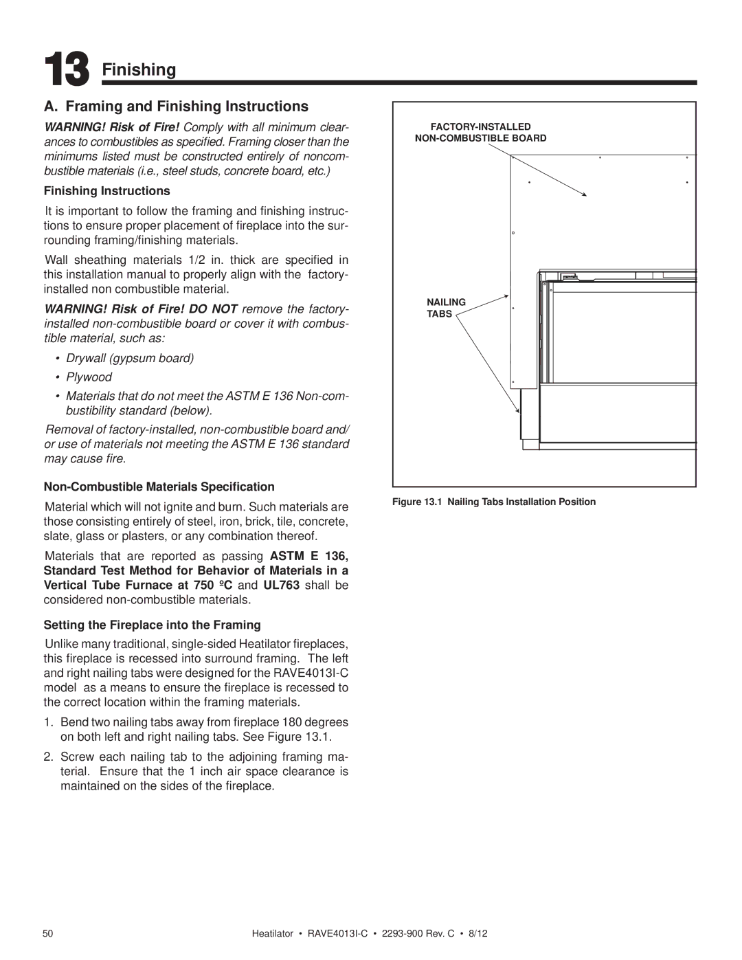 Heatiator Rave4013i-c owner manual Framing and Finishing Instructions, Non-Combustible Materials Speciﬁcation 