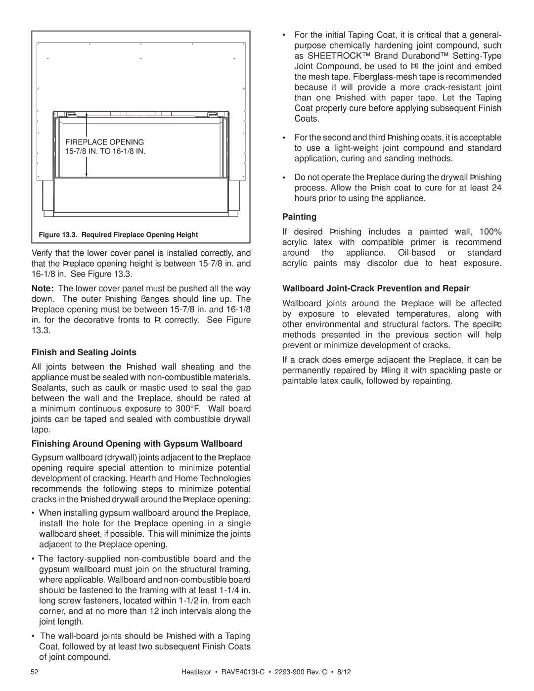 Heatiator Rave4013i-c owner manual Finish and Sealing Joints, Finishing Around Opening with Gypsum Wallboard, Painting 