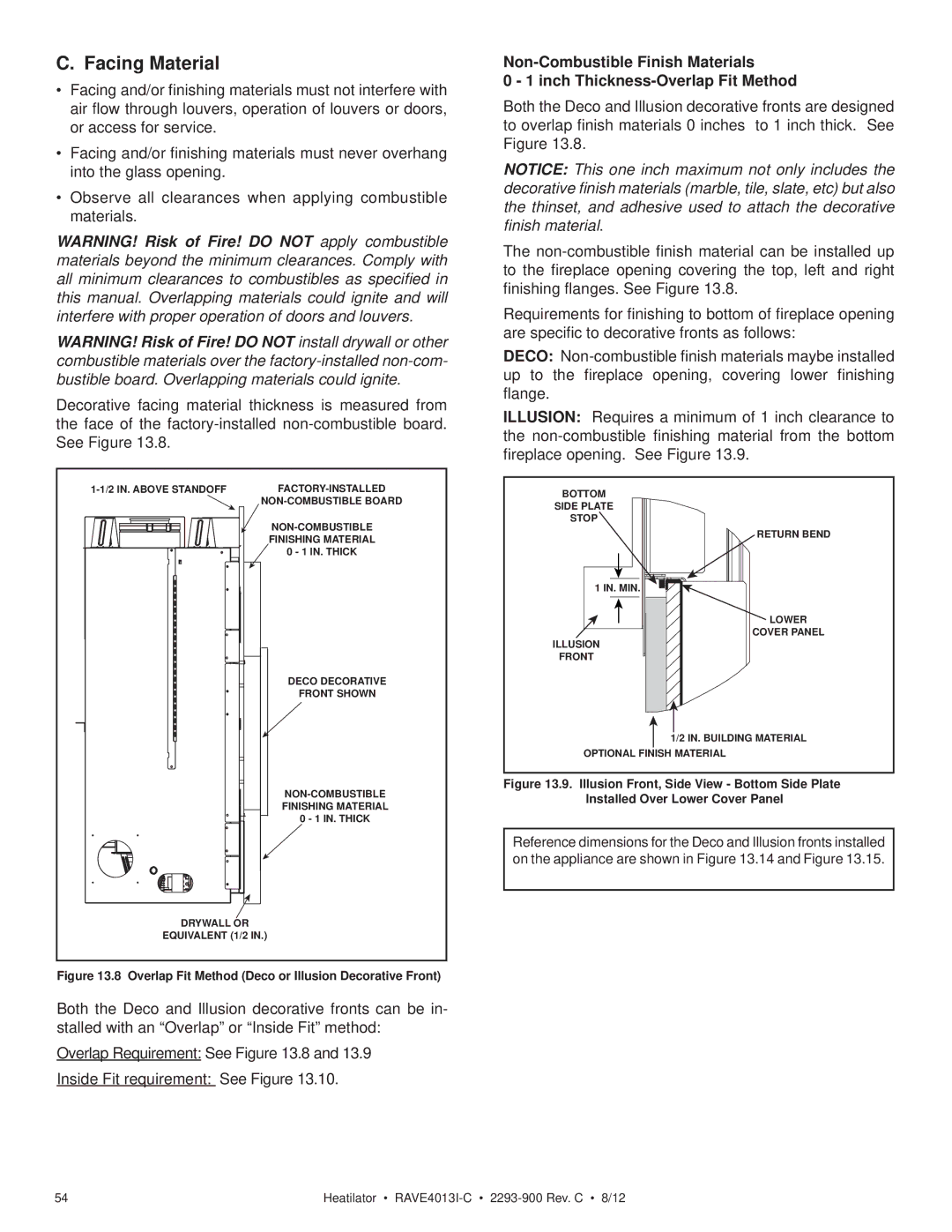 Heatiator Rave4013i-c owner manual Facing Material, 2 IN. Above Standoff 