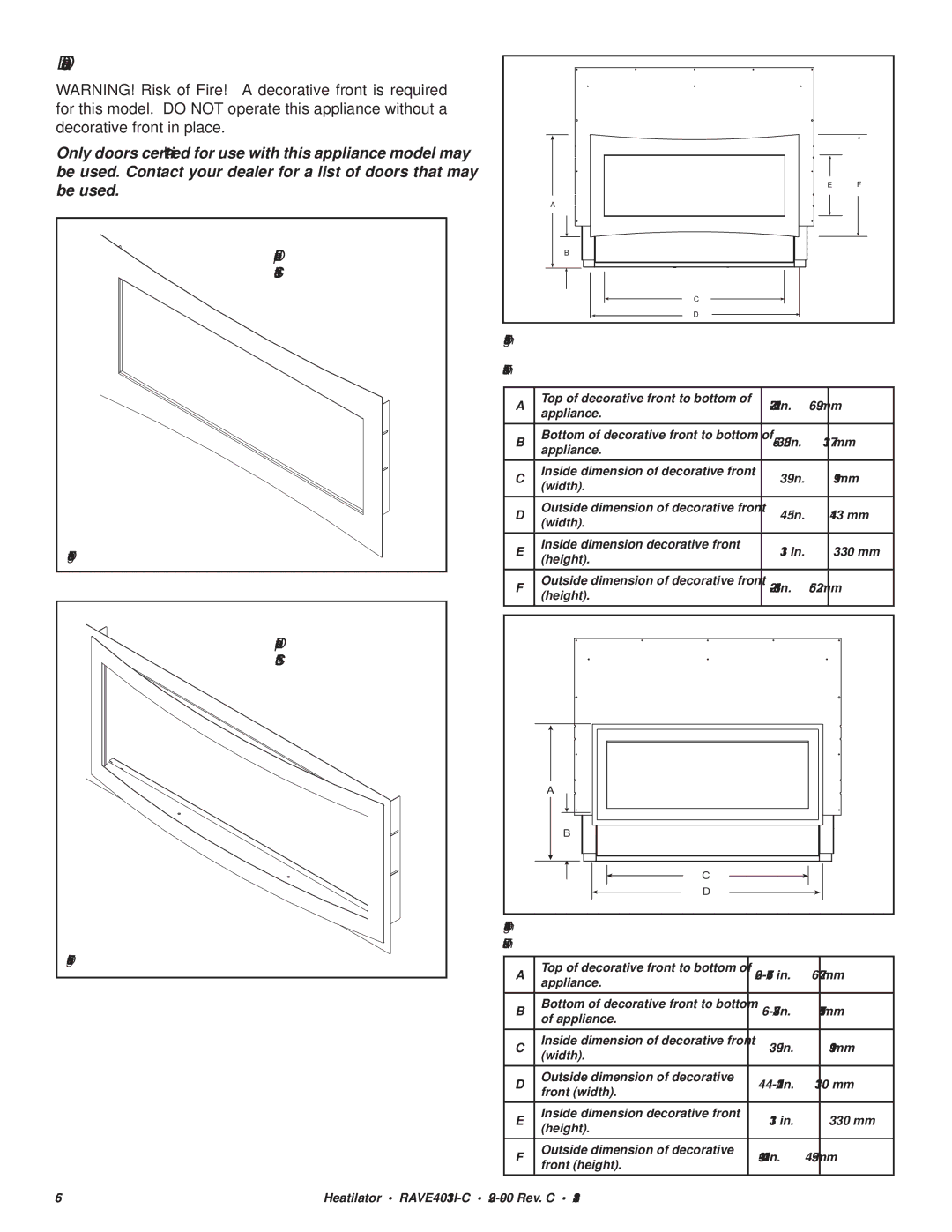 Heatiator Rave4013i-c owner manual Decorative Fronts, Illusion Decorative Front 