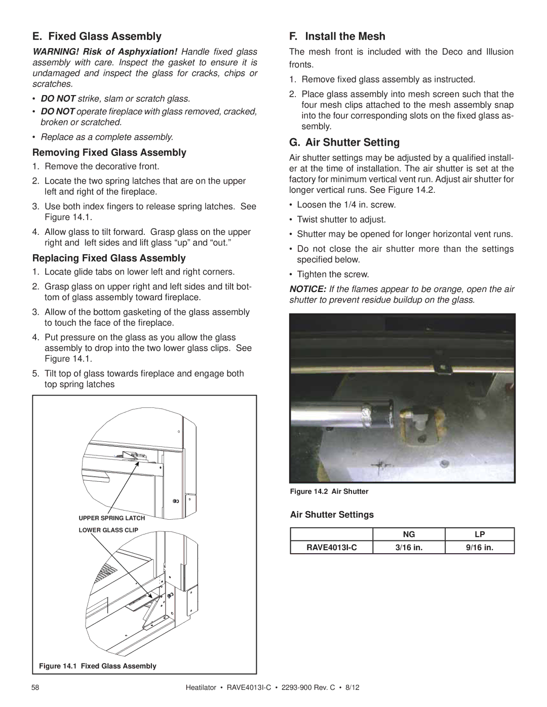 Heatiator Rave4013i-c owner manual Install the Mesh, Air Shutter Settings 