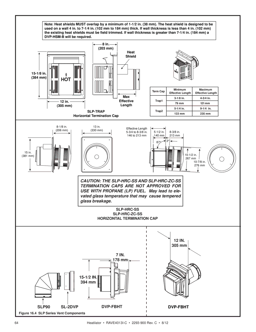 Heatiator Rave4013i-c owner manual 15-1/2 394 mm 178 mm 305 mm, SLP-HRC-SS SLP-HRC-ZC-SS Horizontal Termination CAP 