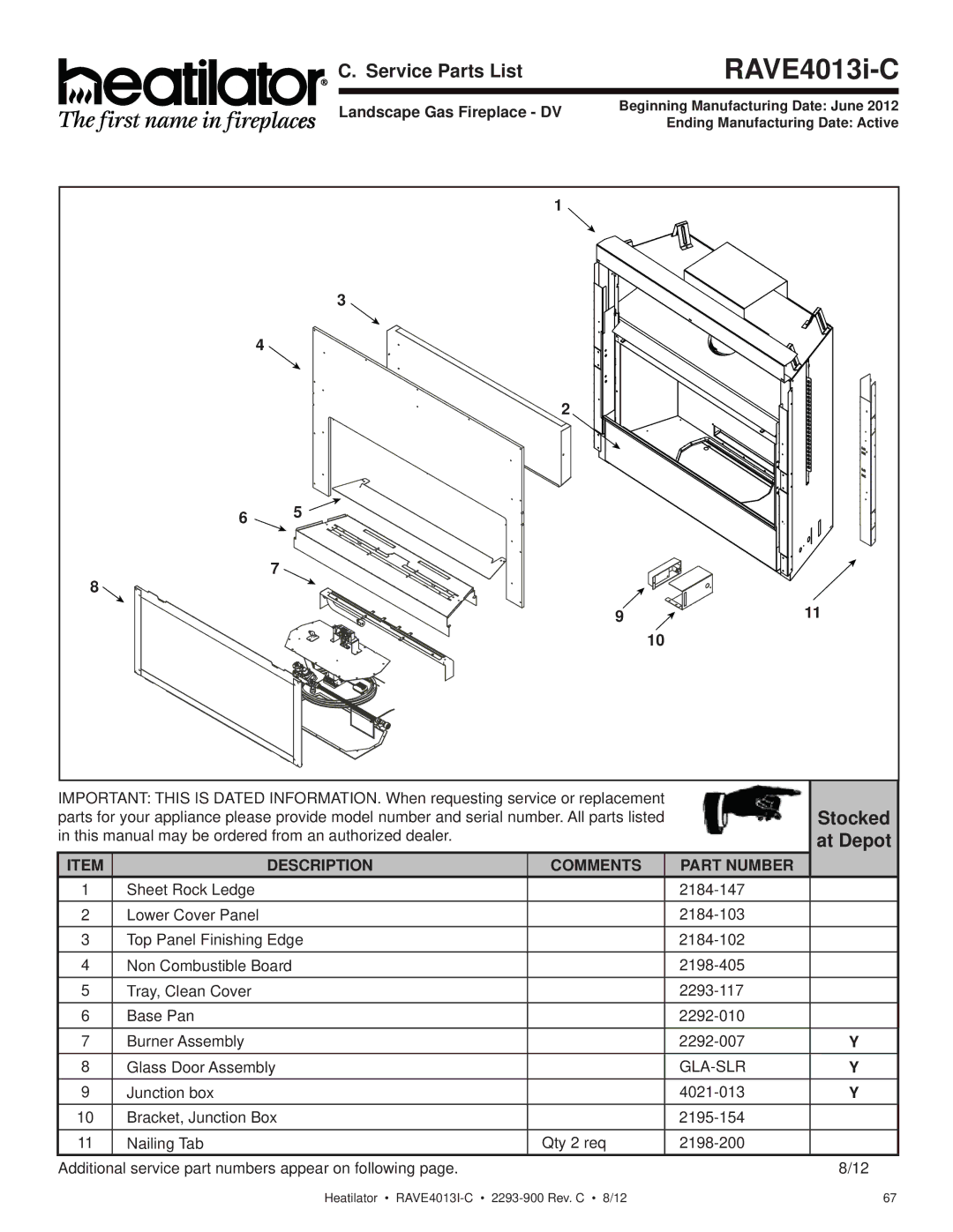 Heatiator Rave4013i-c owner manual Service Parts List, At Depot, Landscape Gas Fireplace DV 