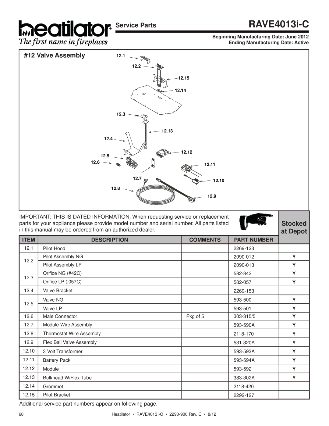 Heatiator Rave4013i-c owner manual #12 Valve Assembly 