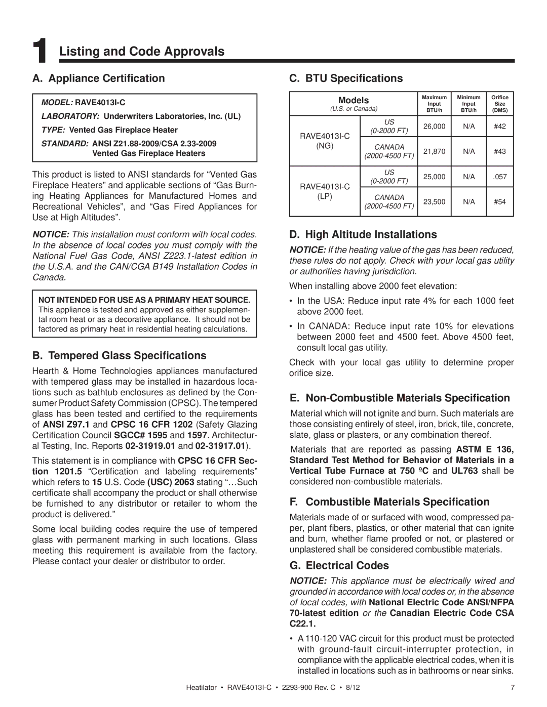 Heatiator Rave4013i-c owner manual Listing and Code Approvals 