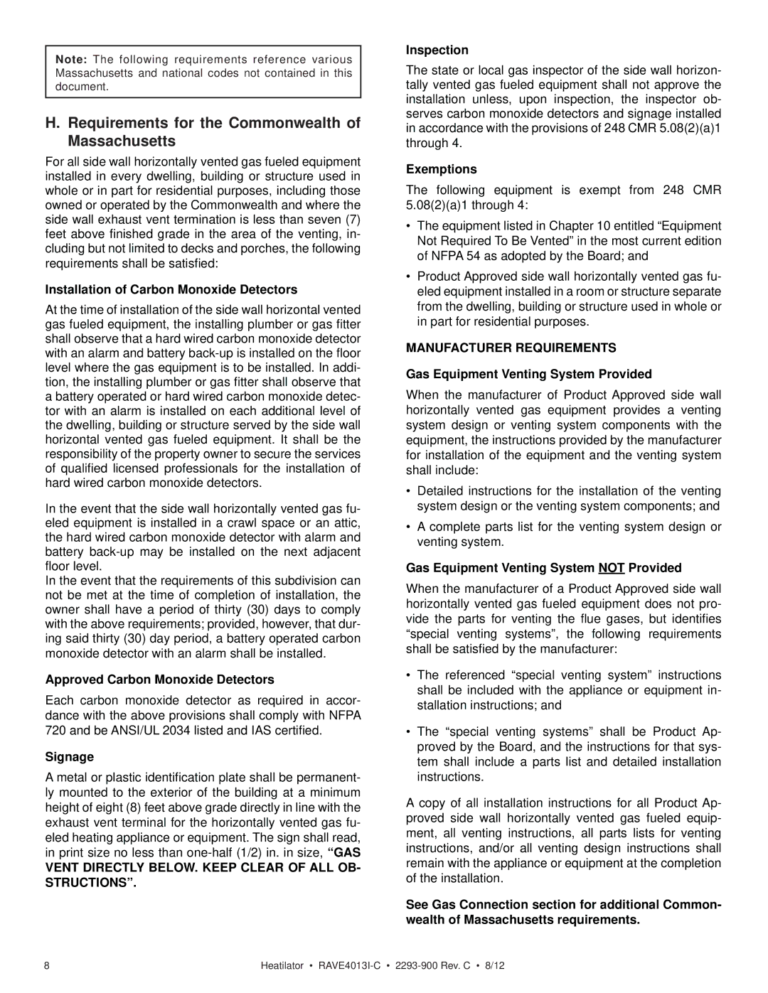 Heatiator Rave4013i-c Requirements for the Commonwealth of Massachusetts, Installation of Carbon Monoxide Detectors 