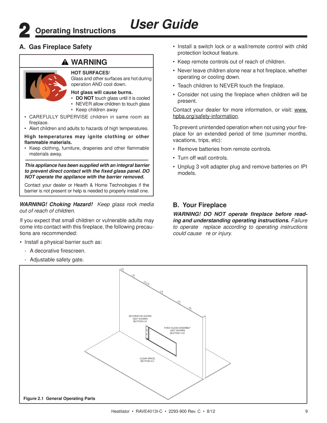 Heatiator Rave4013i-c owner manual Operating Instructions User Guide, Gas Fireplace Safety, Your Fireplace 