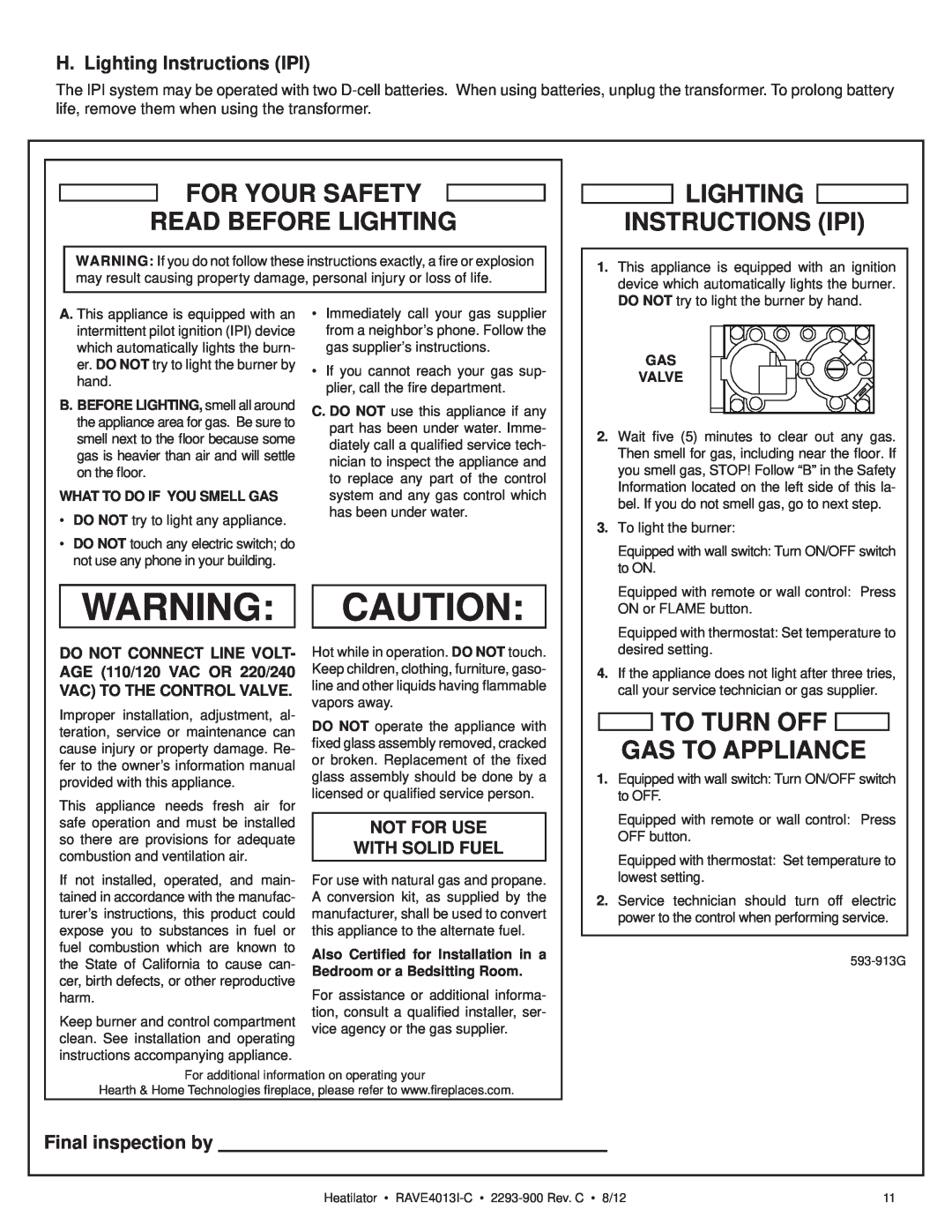 Heatiator Rave4013i-c H. Lighting Instructions IPI, Final inspection by, For Your Safety Read Before Lighting, Gas Valve 