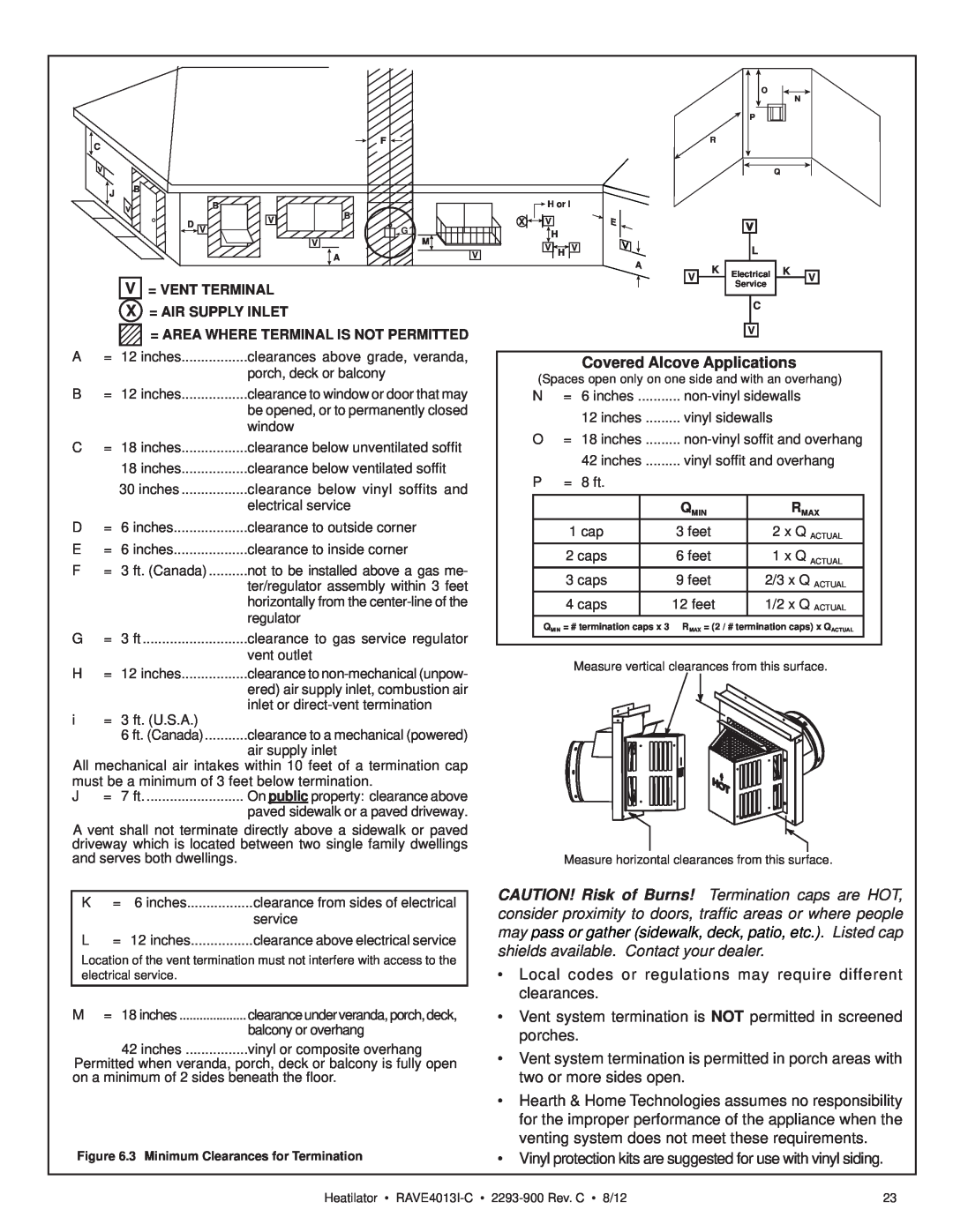 Heatiator Rave4013i-c owner manual Covered Alcove Applications, V= Vent Terminal X = Air Supply Inlet 