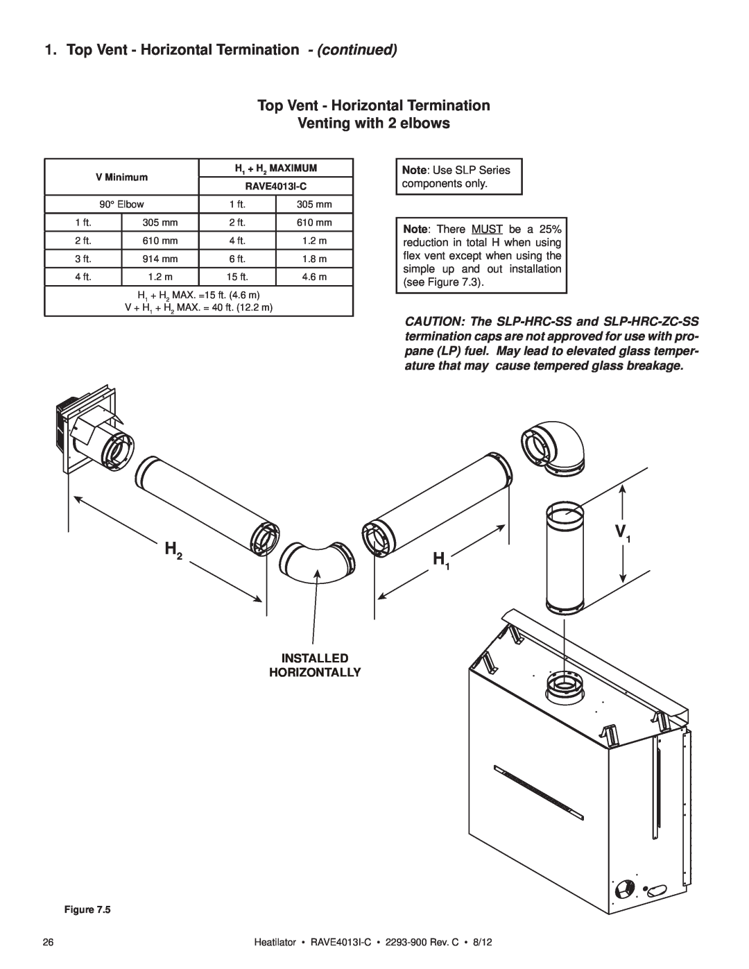 Heatiator Rave4013i-c Top Vent - Horizontal Termination - continued, Venting with 2 elbows, Installed Horizontally, 305 mm 