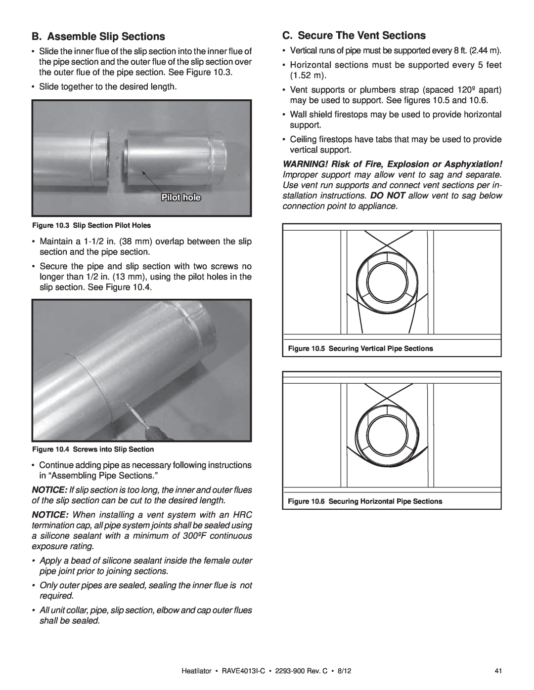 Heatiator Rave4013i-c owner manual B. Assemble Slip Sections, C. Secure The Vent Sections, Pilot hole 