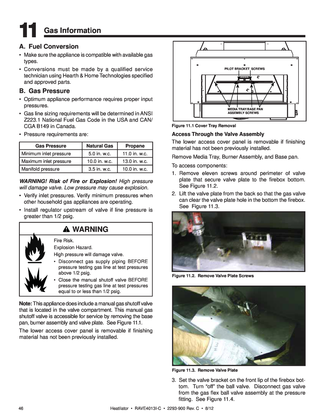 Heatiator Rave4013i-c owner manual Gas Information, A. Fuel Conversion, B. Gas Pressure 