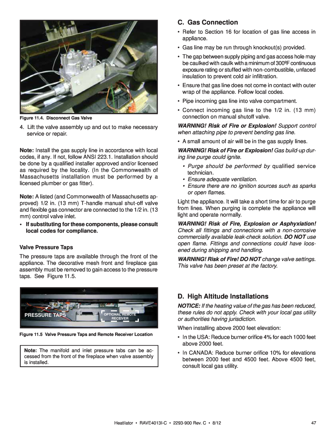 Heatiator Rave4013i-c C. Gas Connection, D. High Altitude Installations, Valve Pressure Taps, Ensure adequate ventilation 