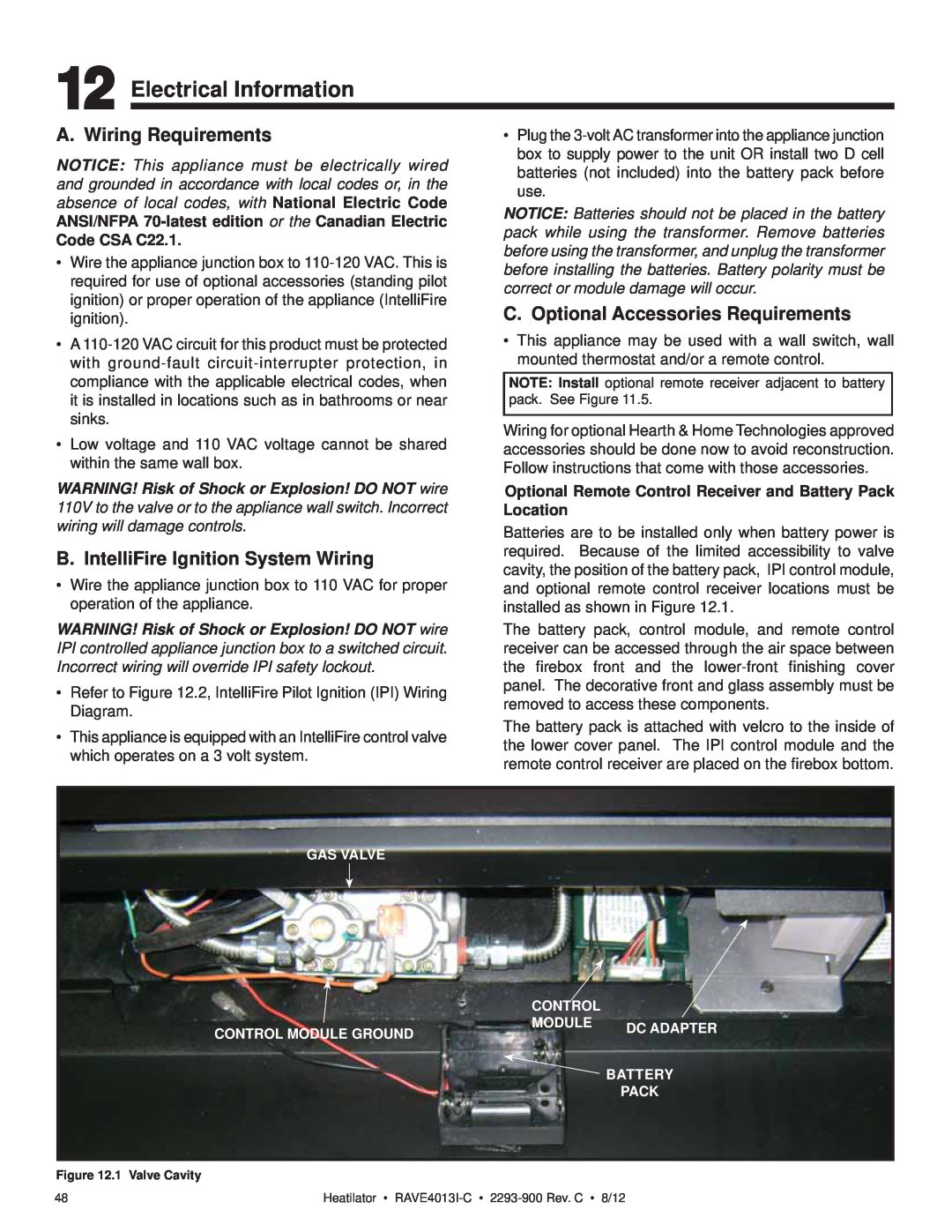 Heatiator Rave4013i-c owner manual Electrical Information, A. Wiring Requirements, B. IntelliFire Ignition System Wiring 
