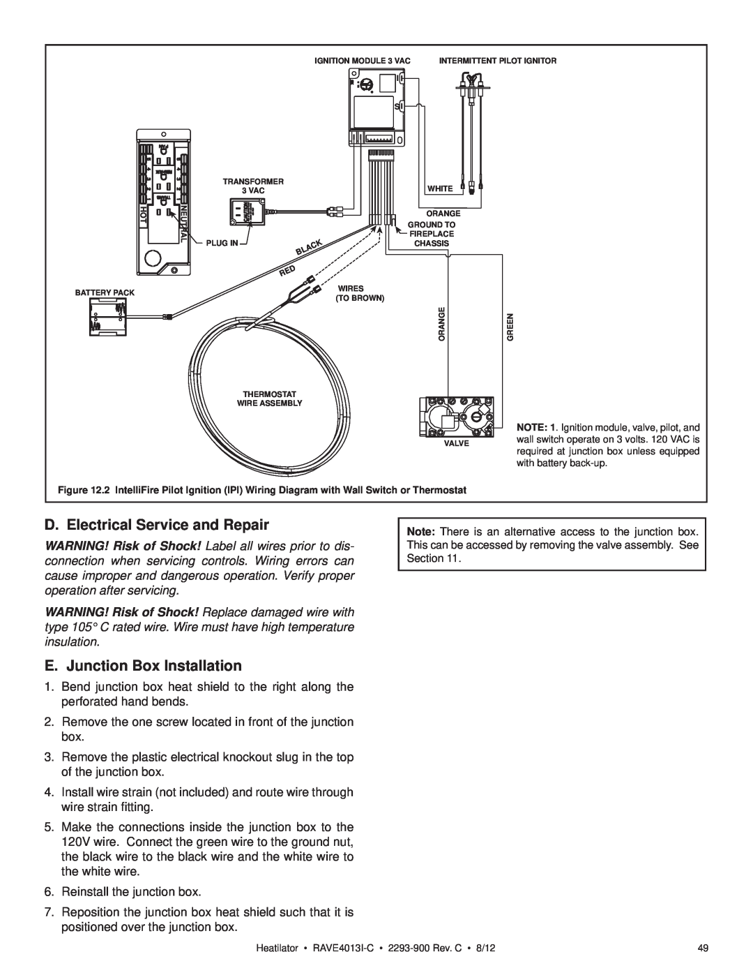Heatiator Rave4013i-c owner manual D. Electrical Service and Repair, E. Junction Box Installation 