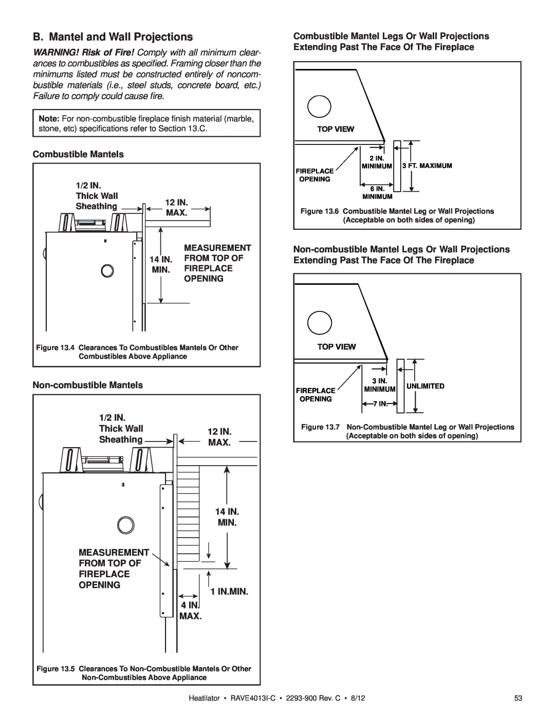 Heatiator Rave4013i-c owner manual B. Mantel and Wall Projections, Heatilator • RAVE4013I-C• 2293-900Rev. C • 8/12 