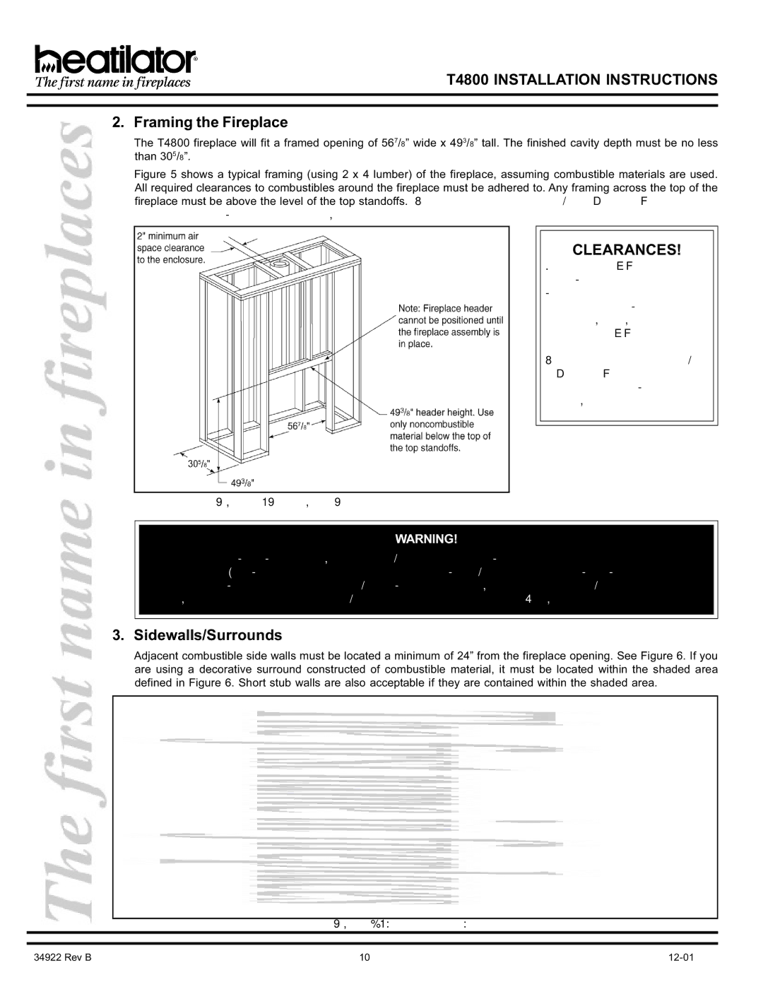 Heatiator T4800 manual Framing the Fireplace, Sidewalls/Surrounds 