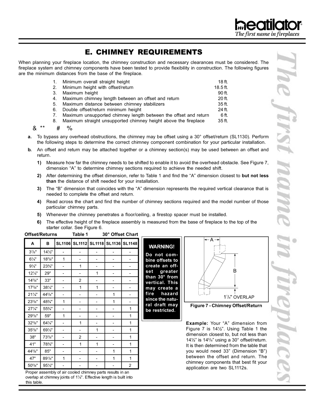 Heatiator T4800 manual Chimney Requirements, Using Offsets and Returns, Offset/Returns Offset Chart 