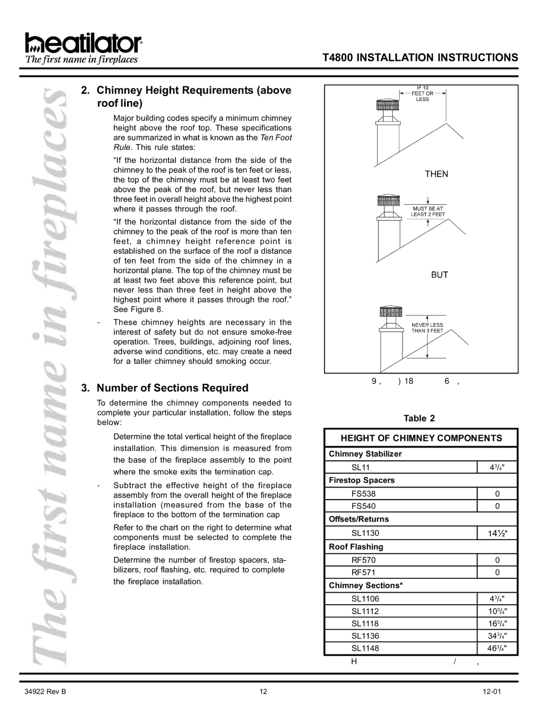 Heatiator T4800 manual Chimney Height Requirements above roof line, Number of Sections Required 