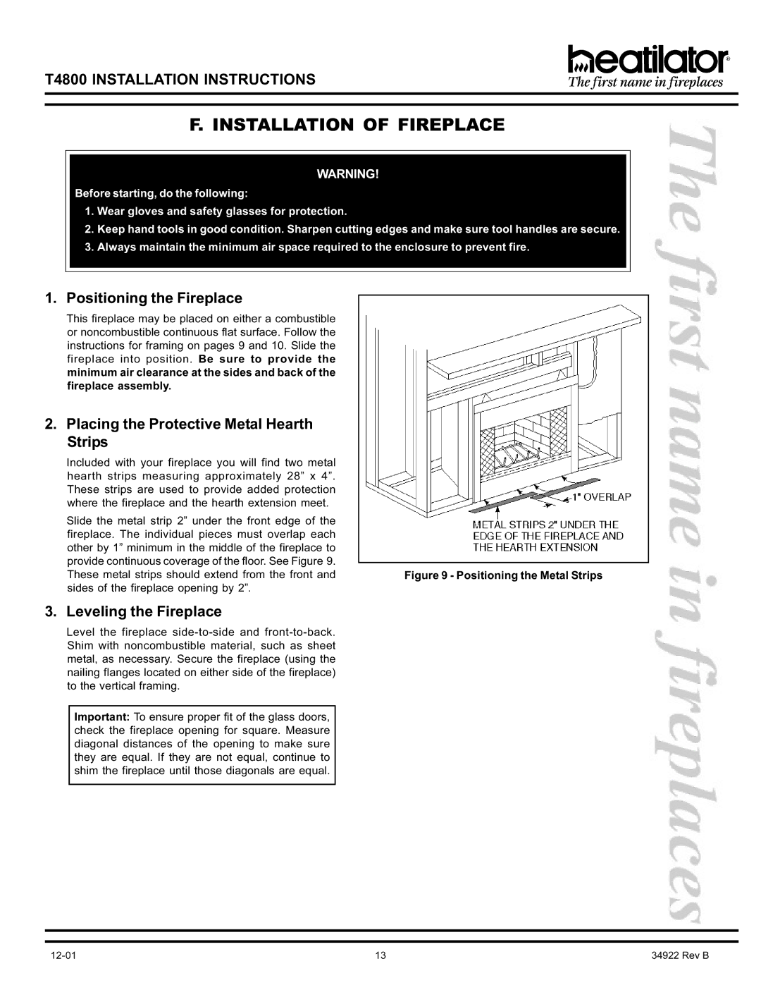 Heatiator T4800 manual Installation of Fireplace, Positioning the Fireplace, Placing the Protective Metal Hearth Strips 